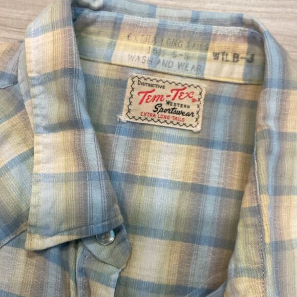 Vintage 80s Tem-Tex Western Extra Long Tail Plaid Pearl Snap Shirt - Picture 3 of 5